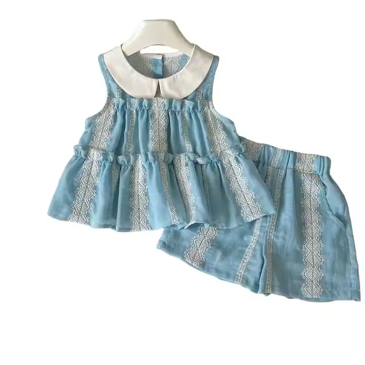 Baby Girl Summer Outfit – Blue Sleeveless Top & Shorts Set with White Lace Detail