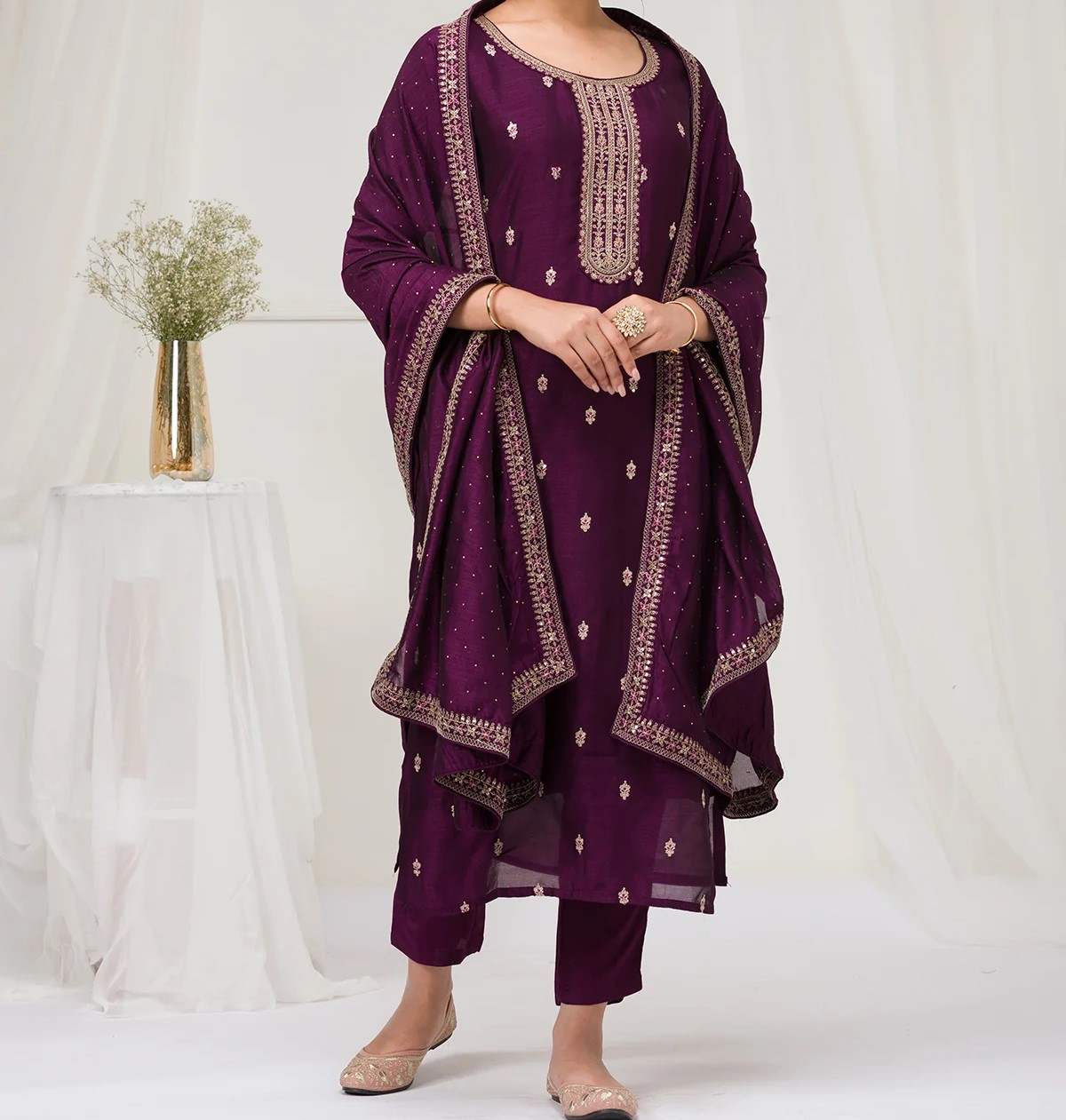 Purple Sequins Raw Silk Readymade Salwar Suit