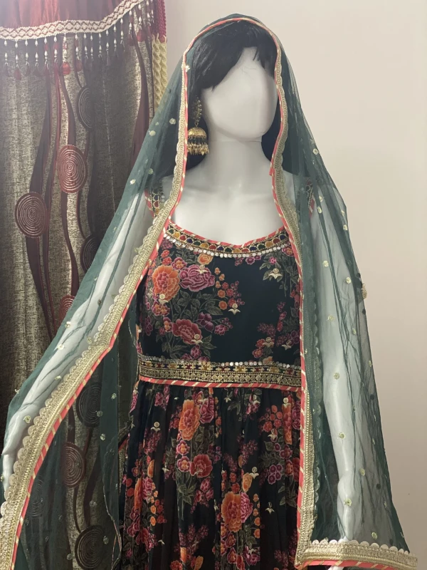 Black Floral Farkawadi Anarkali with Green Net Dupatta
