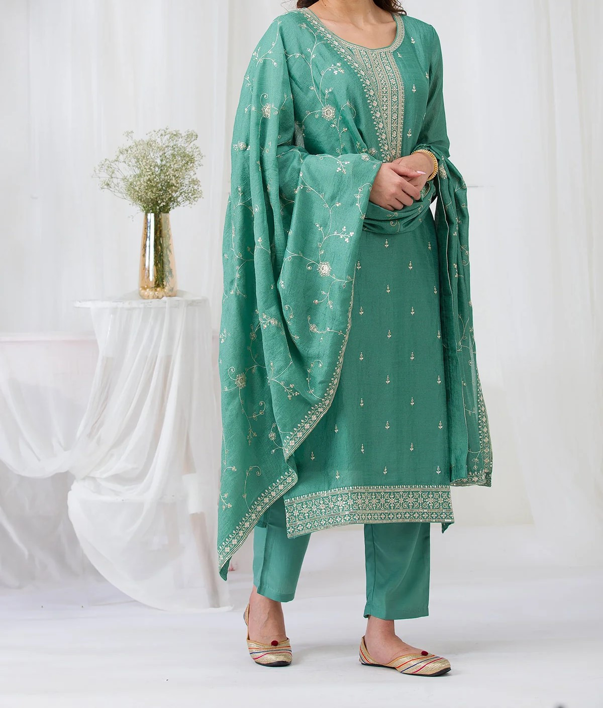 Sea Green Sequins Raw Silk Readymade Salwar Suit
