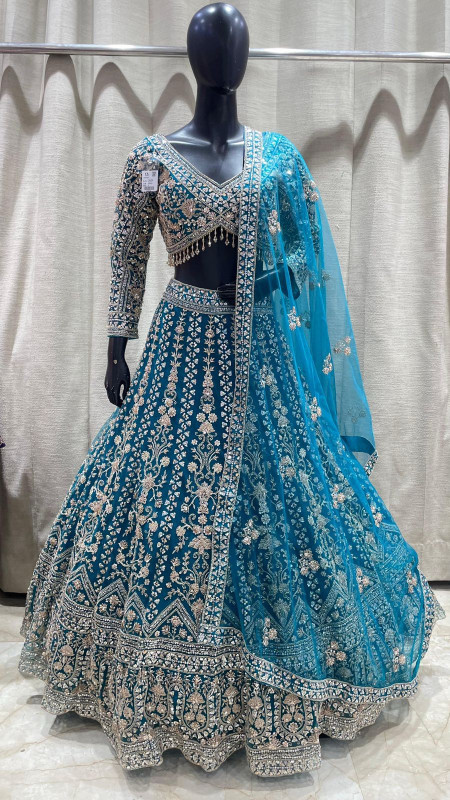 Luxury Teal Blue Heavy Bridal Lehenga Set