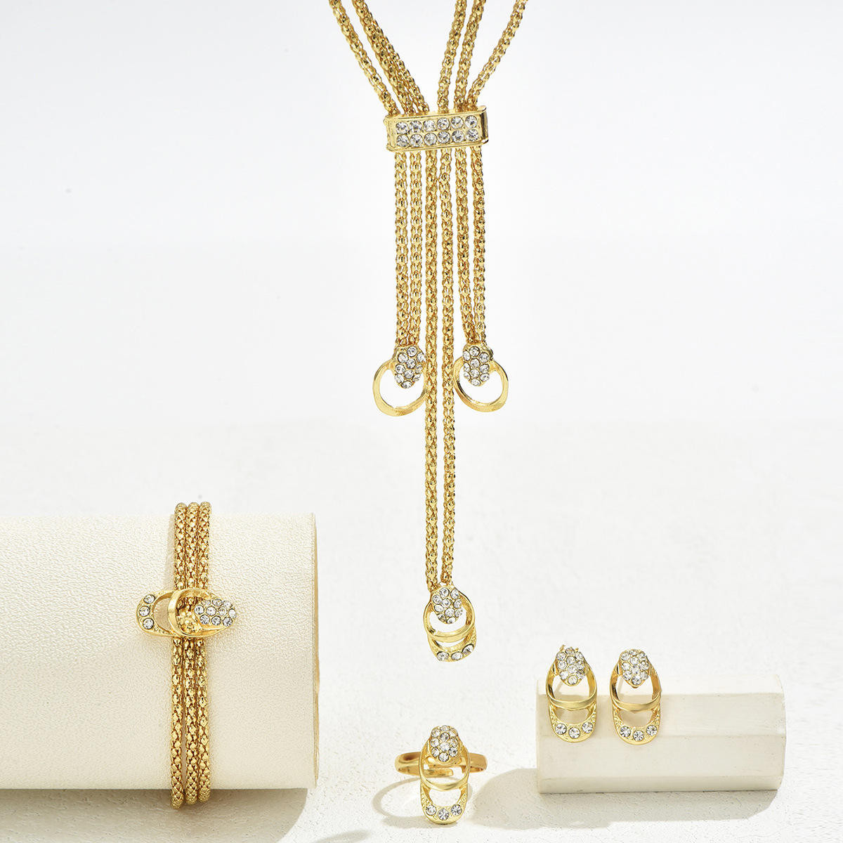 Bold Elegance Multi-Layered Gold Jewelry Set – Necklace, Bracelet, Earrings & Ring