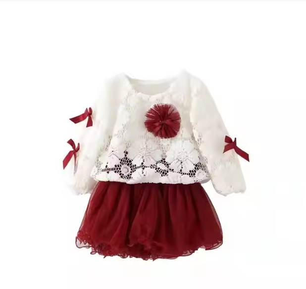 Girls’ Elegant Lace & Tulle Party Dress – White & Maroon
